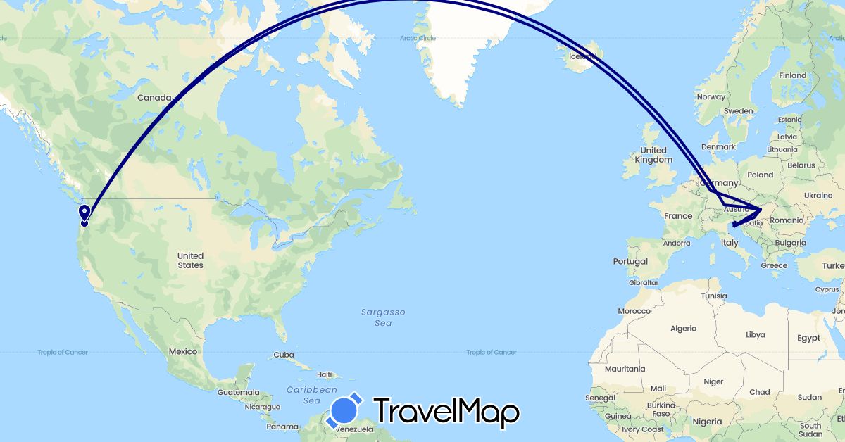 TravelMap itinerary: driving in Germany, Croatia, Hungary, Italy, Slovenia, United States (Europe, North America)